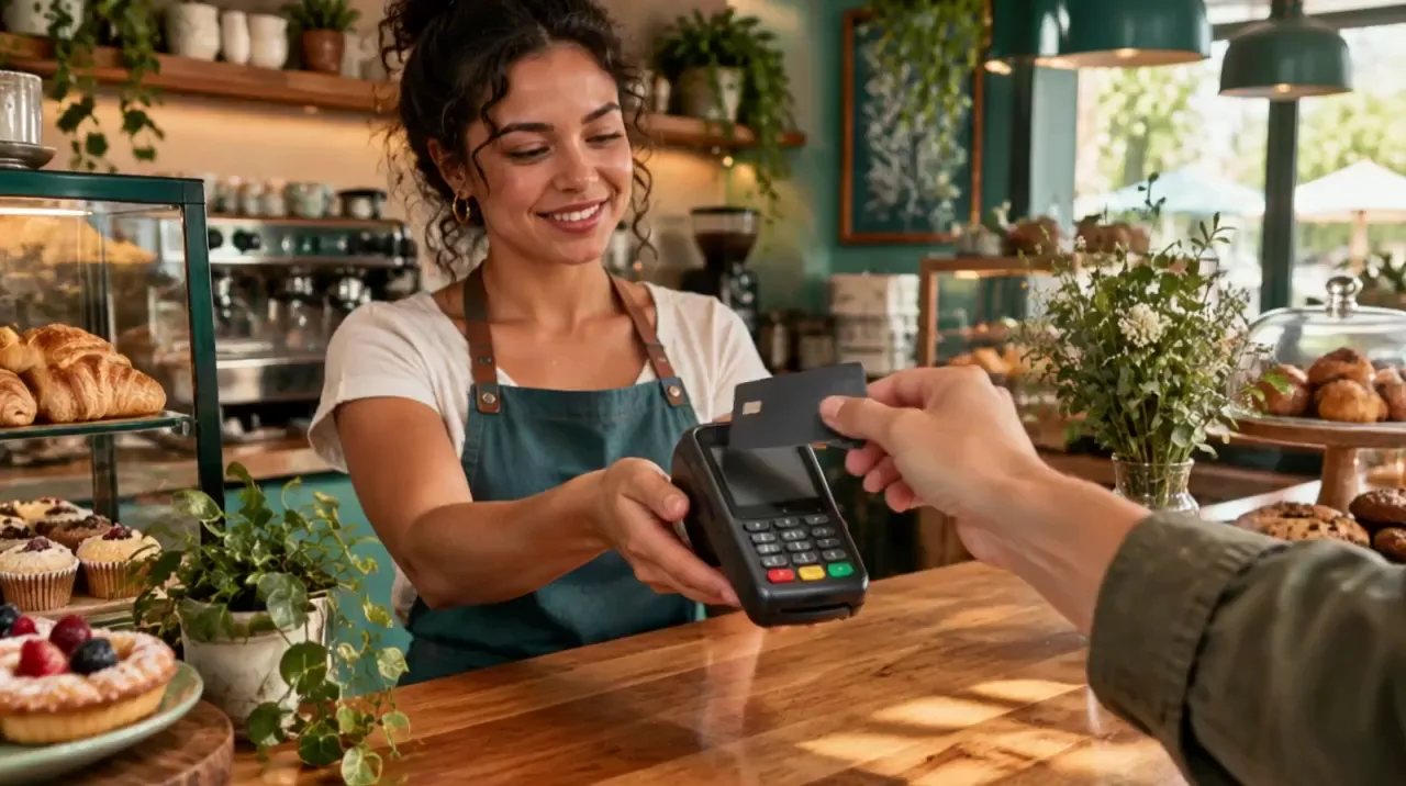 Numa cafeteria, a dona sorri enquanto o cliente aproxima o cartão da maquininha.