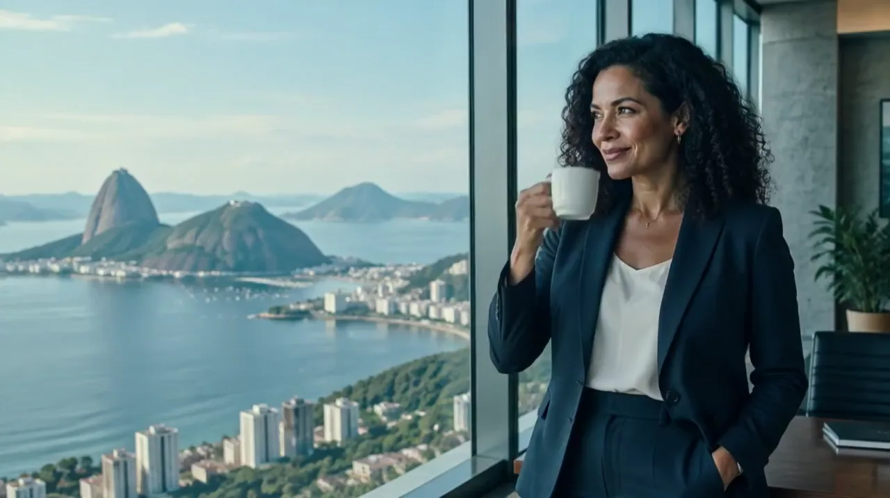 De manhã, uma executiva toma café diante da janela de um escritório com vista para o mar do Rio de Janeiro.