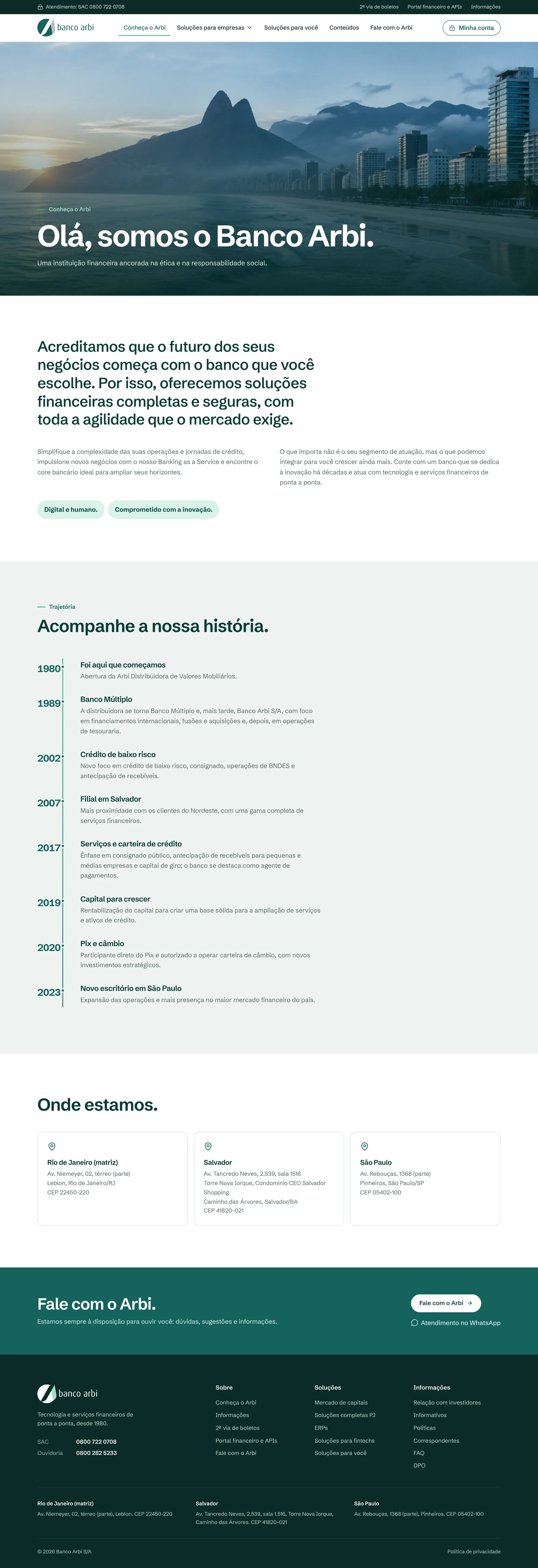 Página Conheça o Arbi inteira: abertura com o Leblon, manifesto, linha do tempo de 1980 a 2023 e os três escritórios.