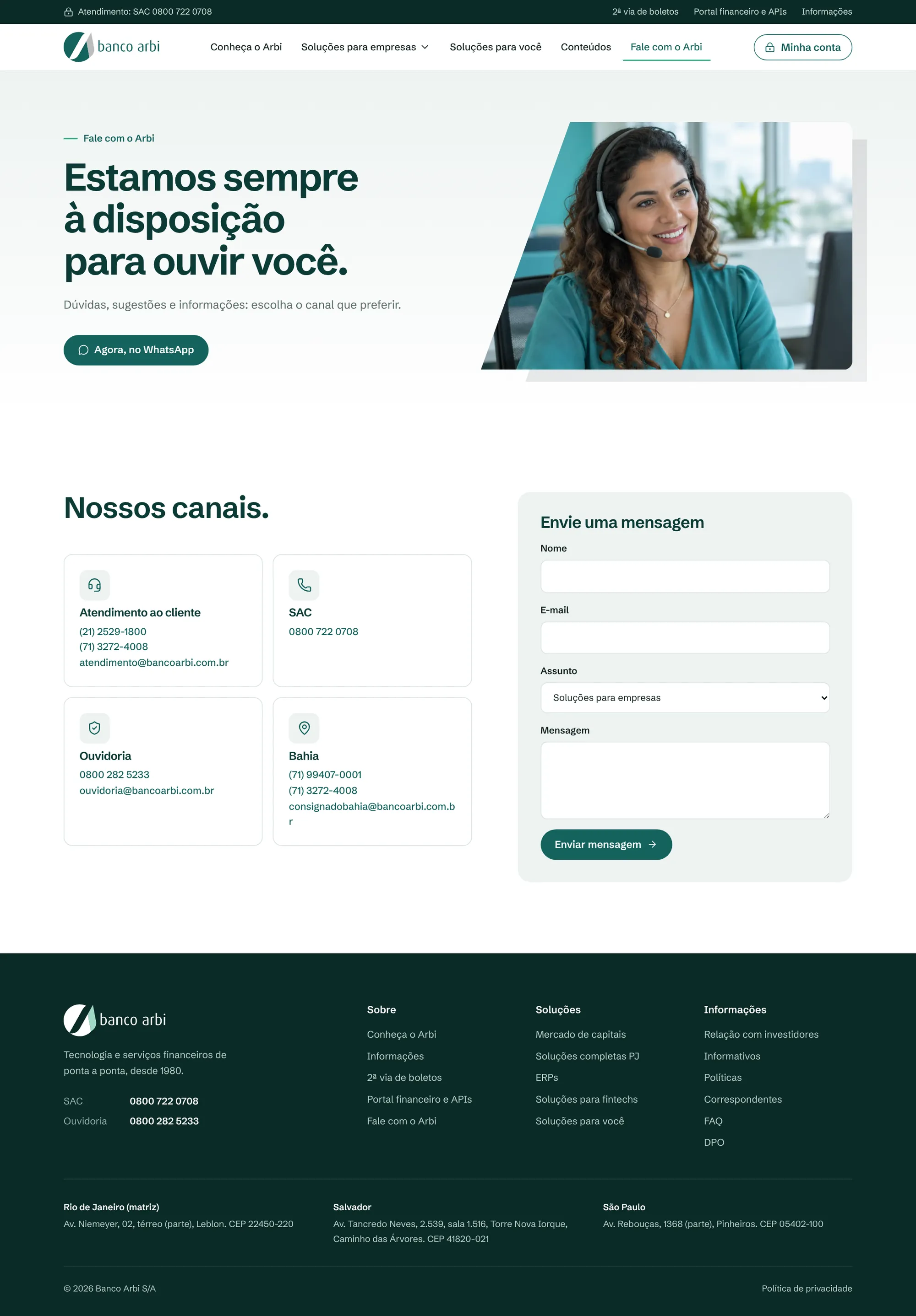 Página Fale com o Arbi inteira: abertura, canais de atendimento, SAC, ouvidoria e formulário.