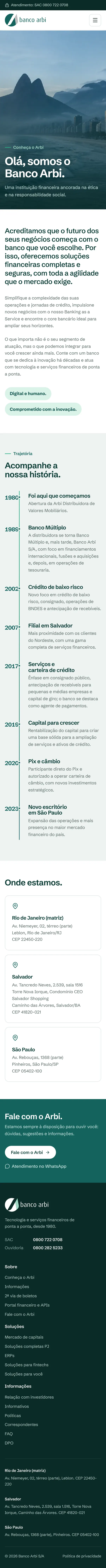 Página Conheça o Arbi inteira: abertura com o Leblon, manifesto, linha do tempo de 1980 a 2023 e os três escritórios.