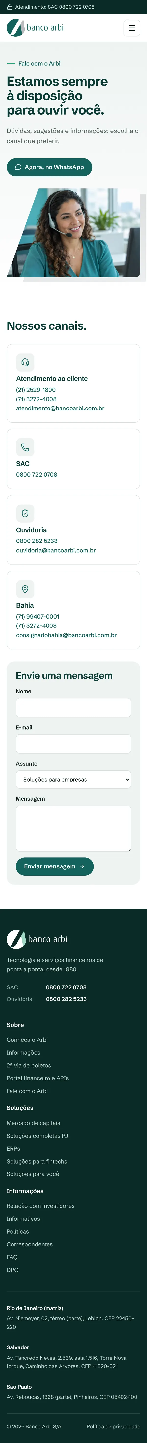 Página Fale com o Arbi inteira: abertura, canais de atendimento, SAC, ouvidoria e formulário.