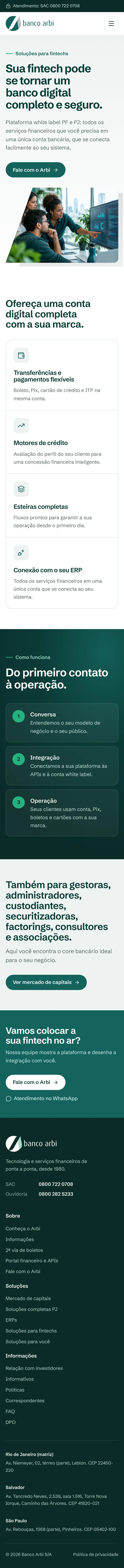 Página de soluções para fintechs inteira: abertura, recursos da conta white label, como funciona, chamada para o mercado de capitais e contato.