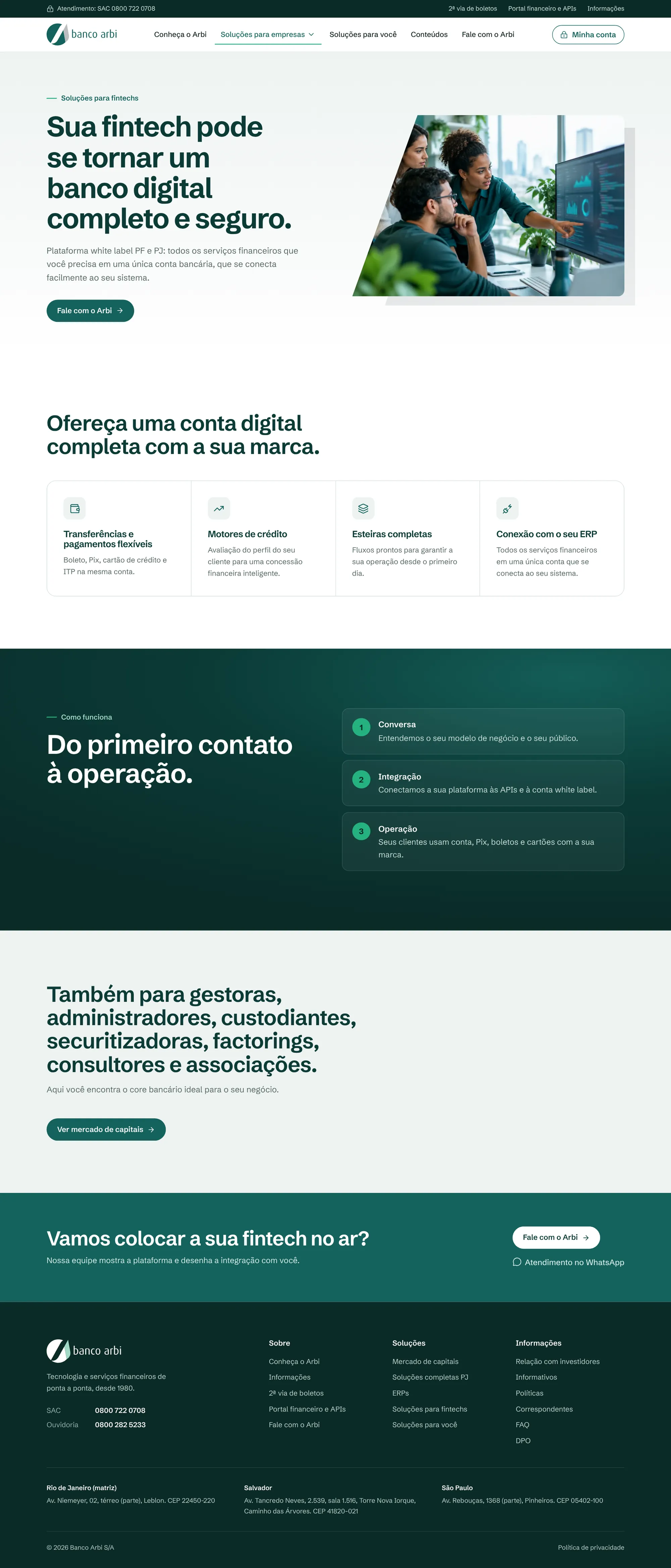Página de soluções para fintechs inteira: abertura, recursos da conta white label, como funciona, chamada para o mercado de capitais e contato.