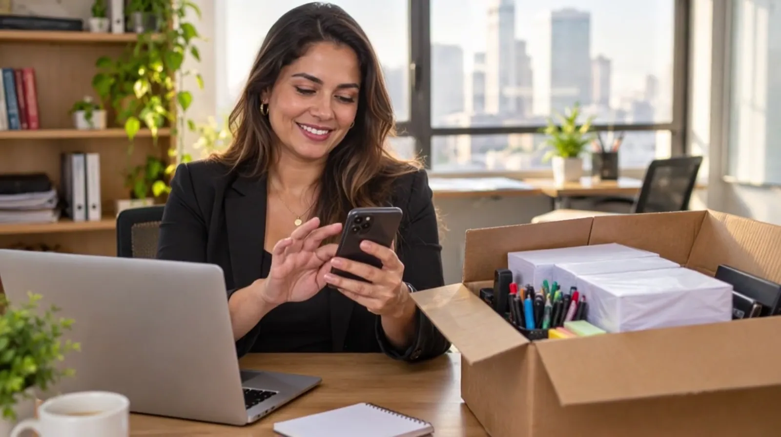 A compradora sorri olhando o celular, ao lado da caixa de suprimentos aberta.