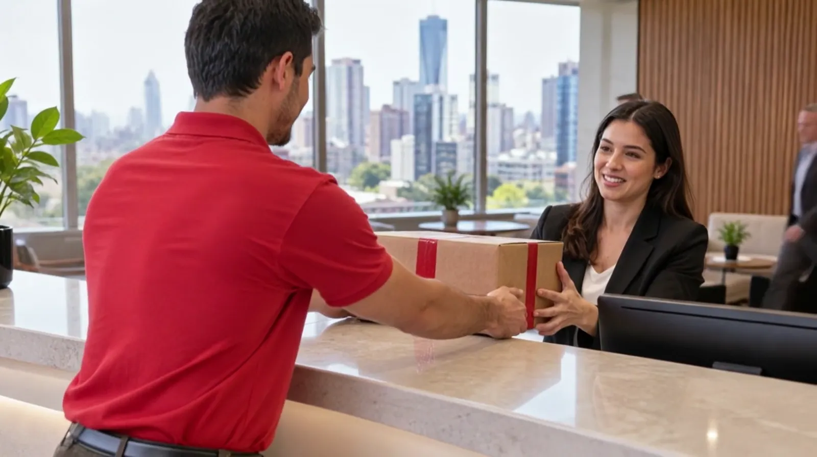Na recepção de um escritório, o entregador entrega a caixa com fita vermelha e a recepcionista recebe sorrindo.