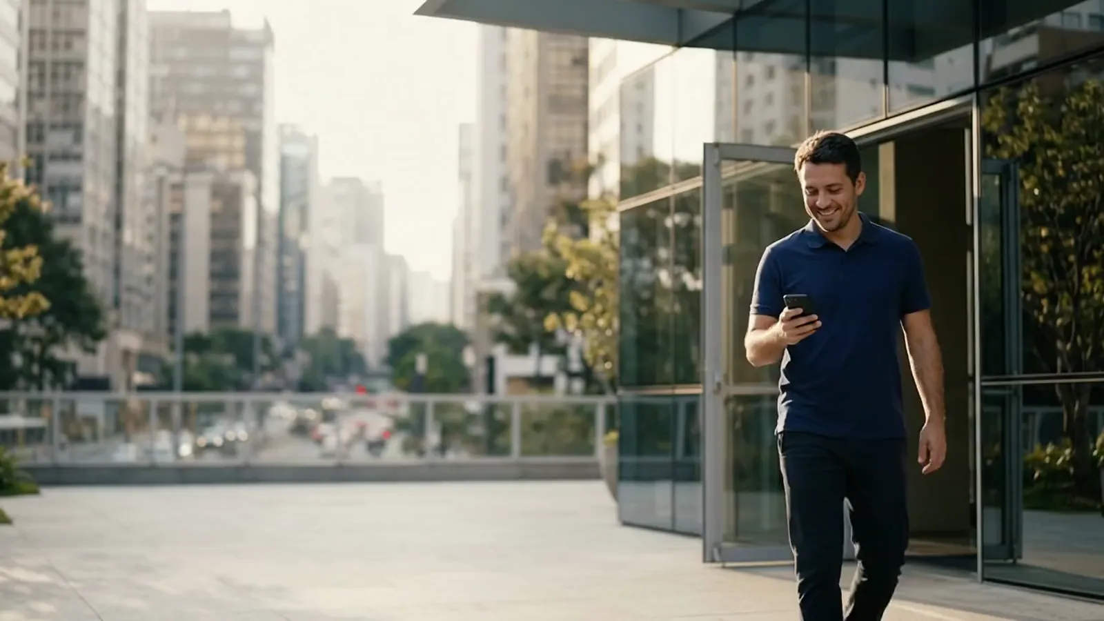 No fim da tarde, um supervisor sai de um edifício de escritórios em São Paulo sorrindo com o celular na mão.