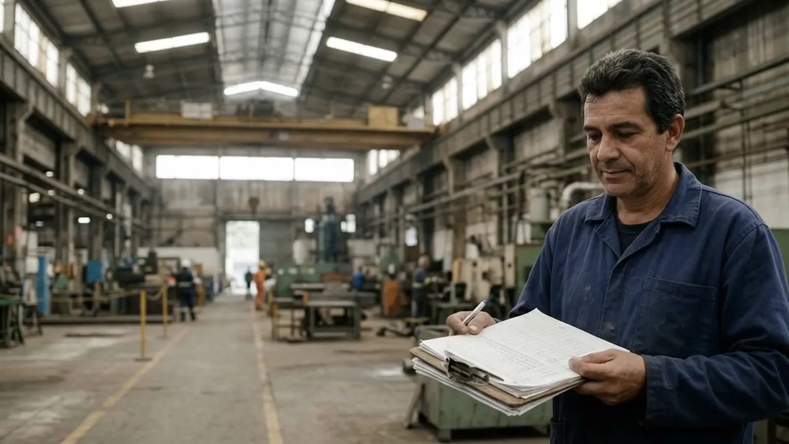 Num galpão industrial no Brasil, um supervisor confere uma prancheta com checklists em papel.