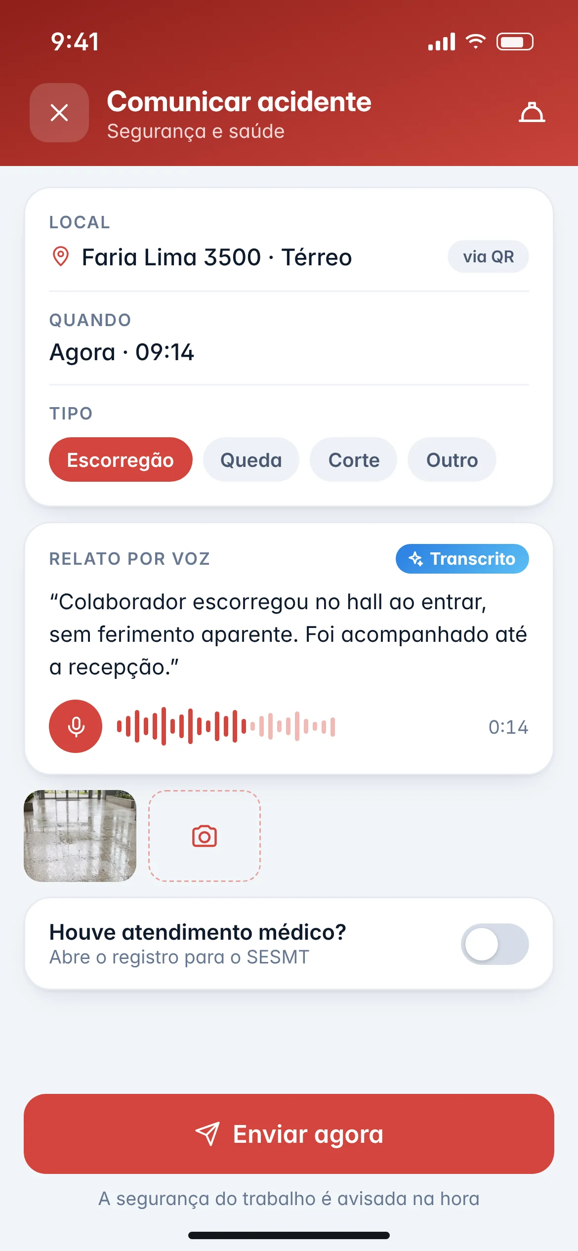 Comunicação de acidente com local, horário, tipo, relato por voz transcrito e fotos