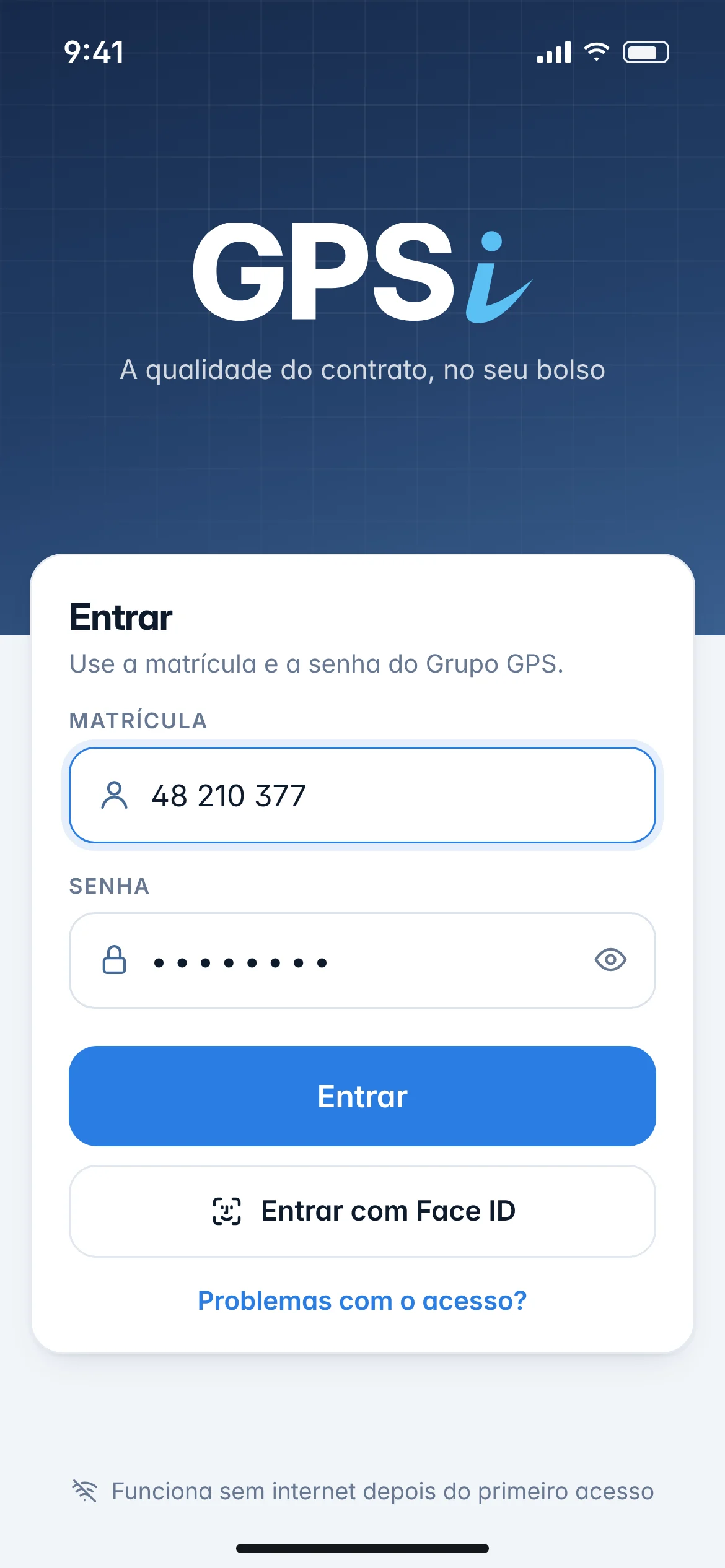 Login do GPSi com matrícula e senha e aviso de que o app funciona sem internet