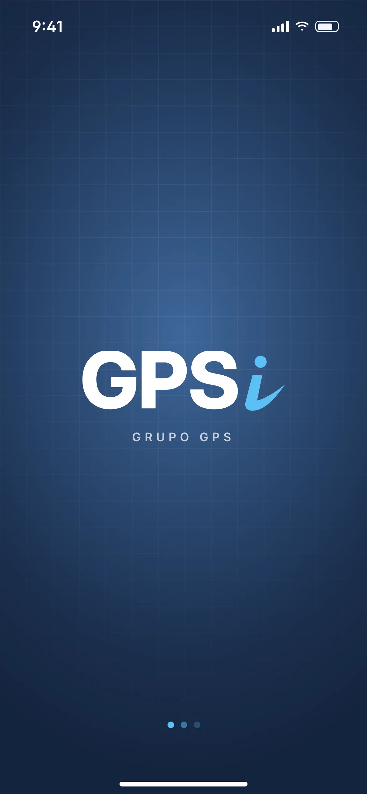 Abertura do app GPSi: a marca em branco sobre fundo azul do Grupo GPS