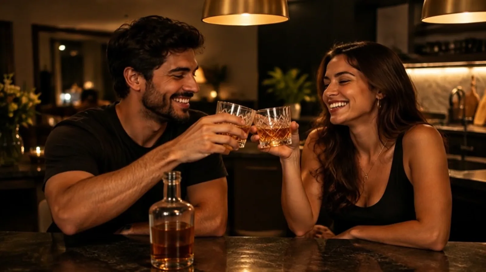 Dois amigos brindam com whisky na cozinha de casa e riem.