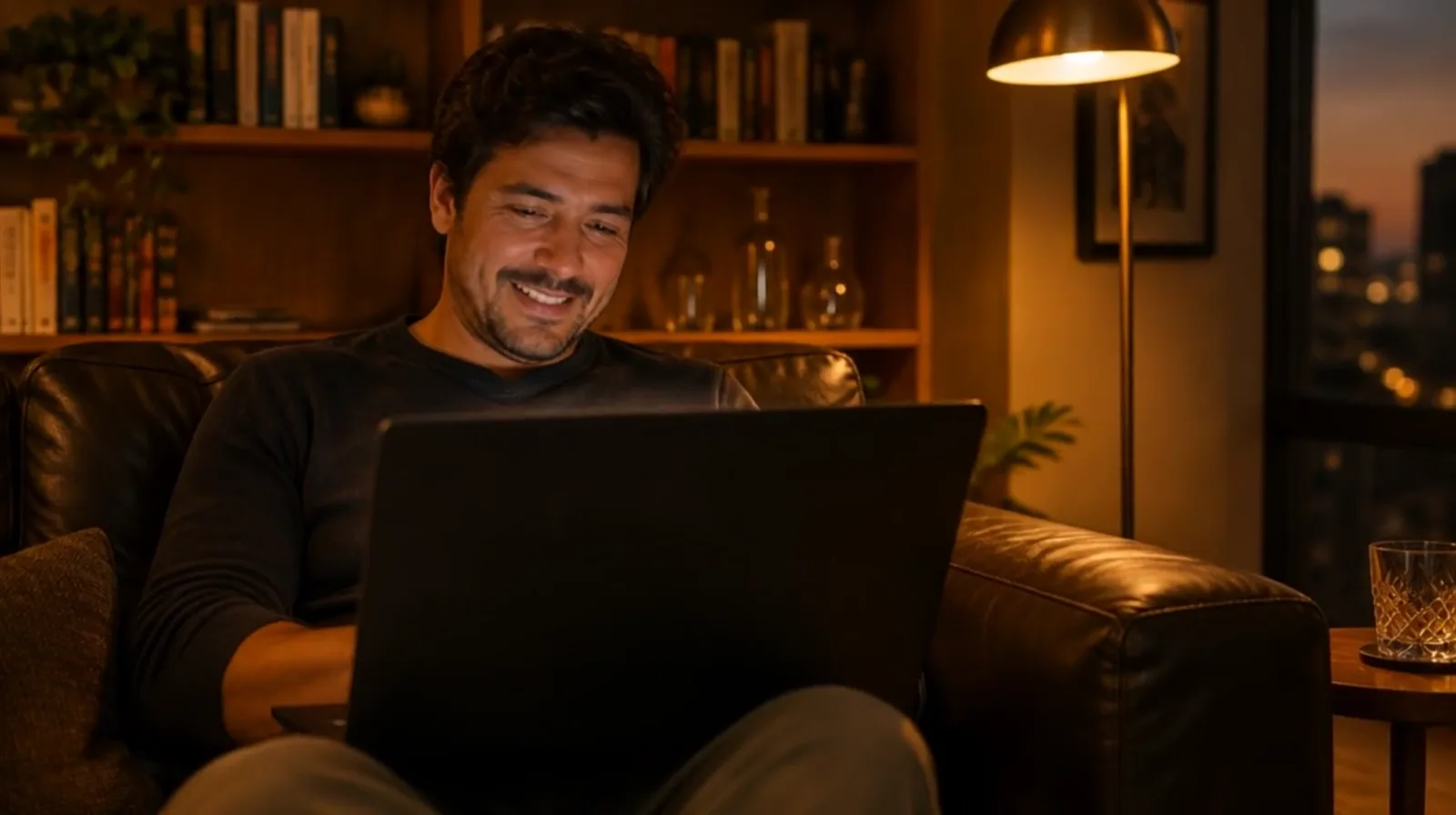 À noite, em casa, um homem no sofá escolhe no notebook e sorri, com a luz da tela no rosto.
