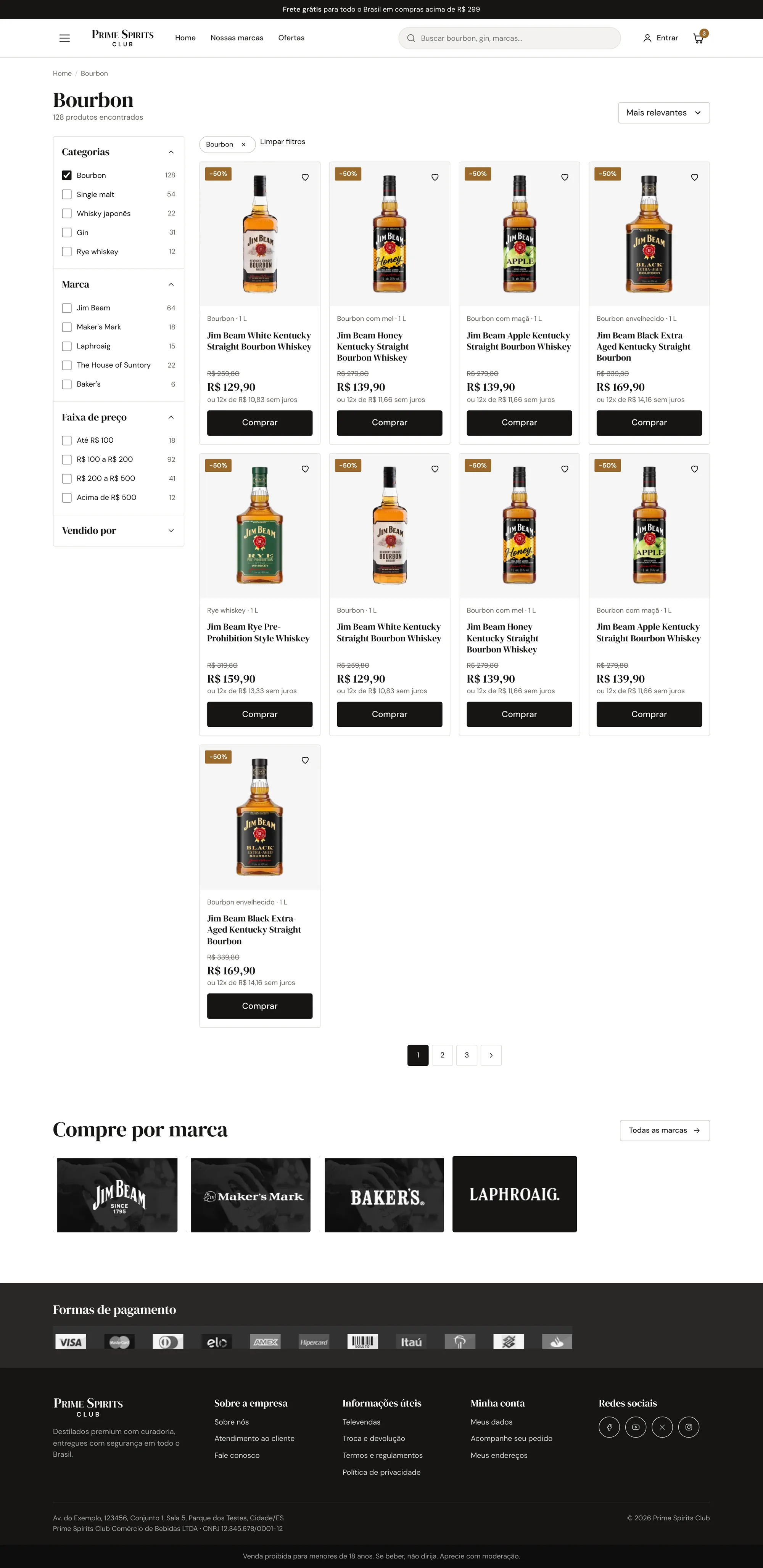 Página de categoria Bourbon inteira: filtros à esquerda, grade de produtos, paginação e compra por marca.