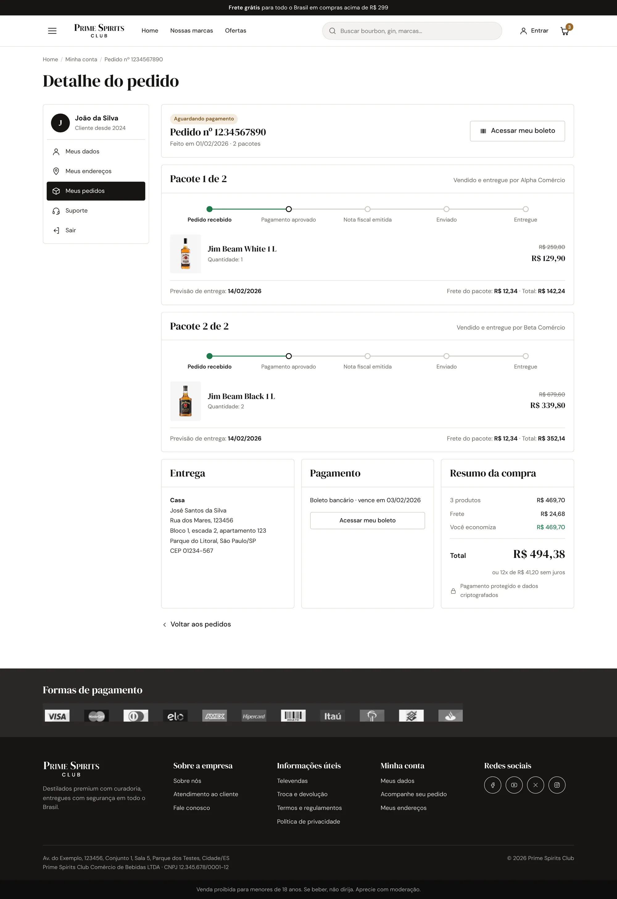 Detalhe do pedido com dois pacotes de vendedores diferentes e o acompanhamento de cada um.