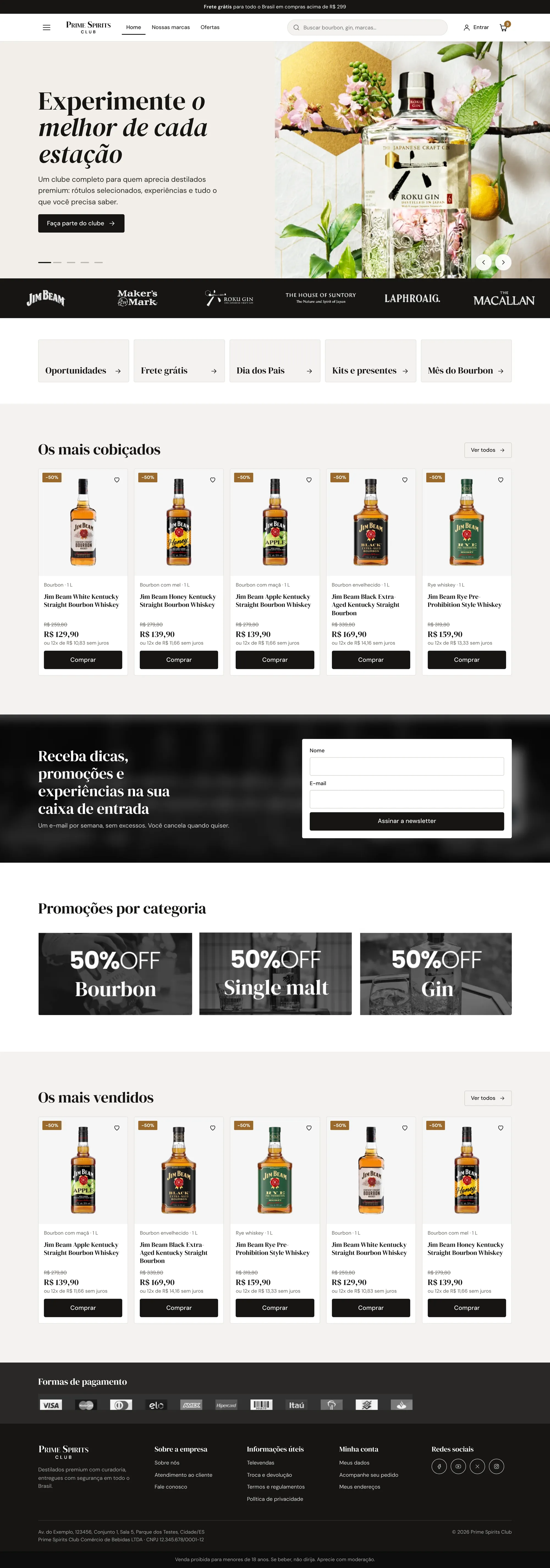 Home da Prime Spirits Club inteira: carrossel de destaque, faixa de marcas, atalhos, vitrines de produtos, newsletter, promoções e rodapé.