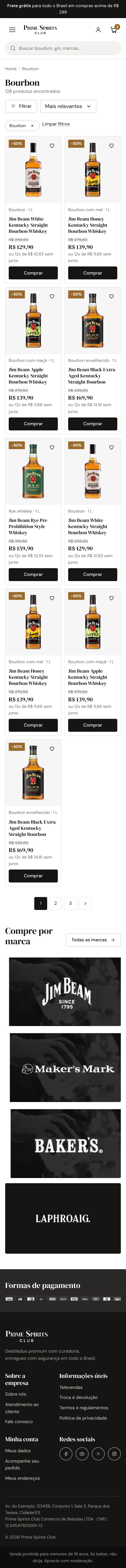Página de categoria Bourbon inteira: filtros à esquerda, grade de produtos, paginação e compra por marca.
