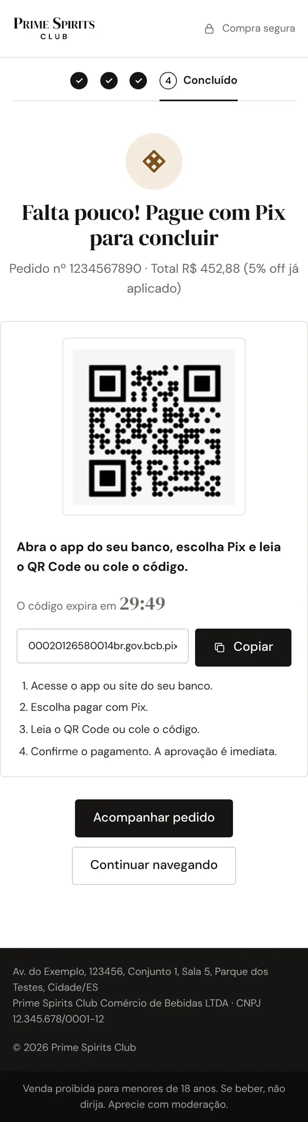 Confirmação com QR Code do Pix, código copia e cola e tempo restante para pagar.