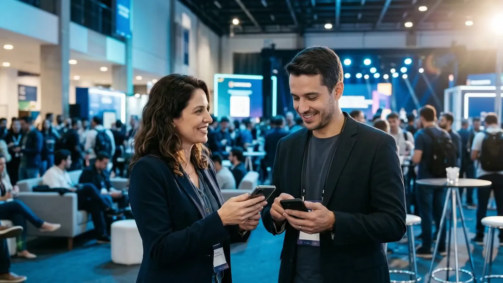 Num evento de tecnologia em São Paulo, dois participantes trocam contatos pelo celular e sorriem.