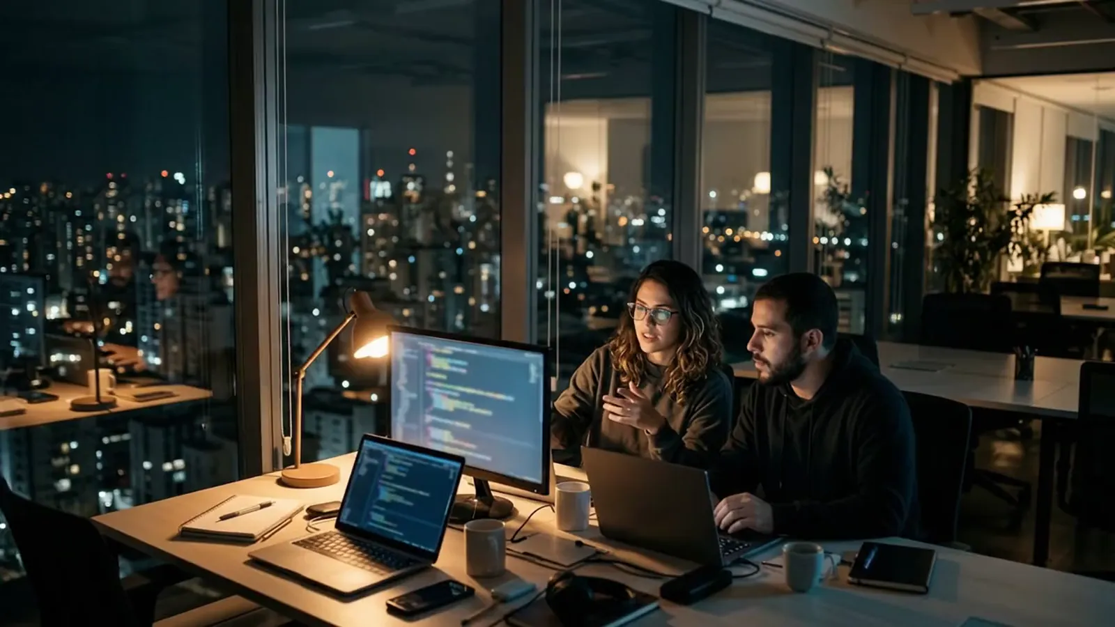 À noite, num escritório em São Paulo, dois desenvolvedores trabalham lado a lado diante de um monitor.