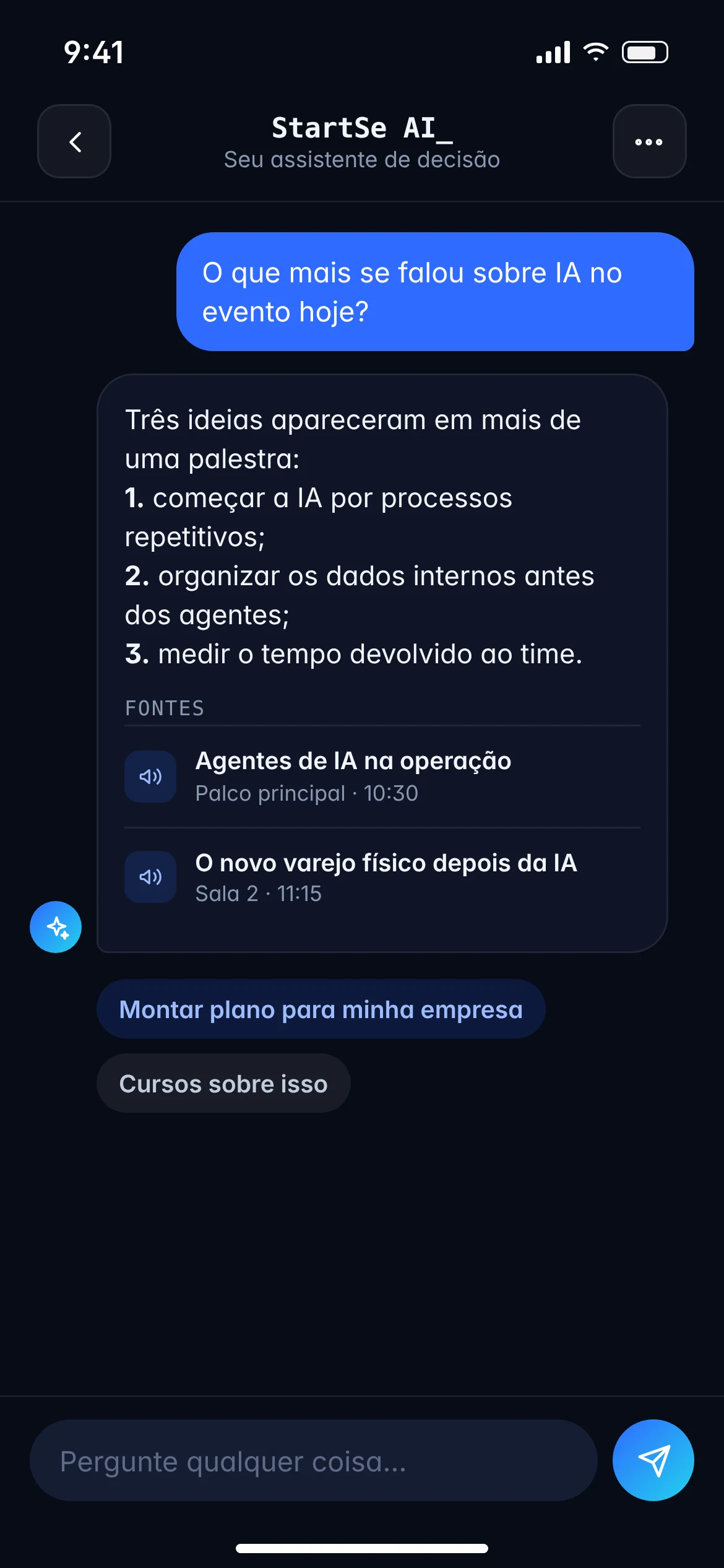 StartSe AI respondendo o que mais se falou sobre IA no evento, com as palestras como fonte