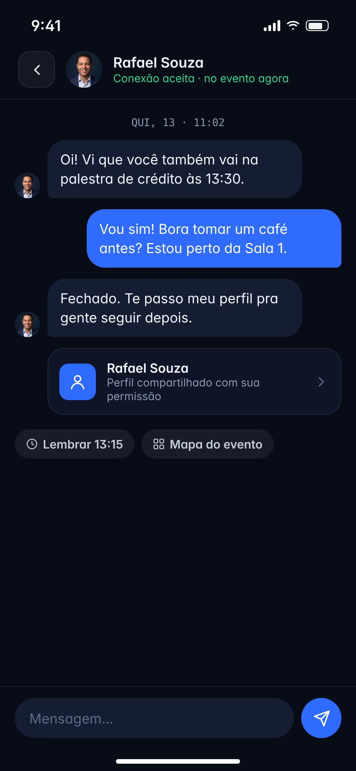 Conversa entre participantes com o perfil profissional compartilhado com permissão