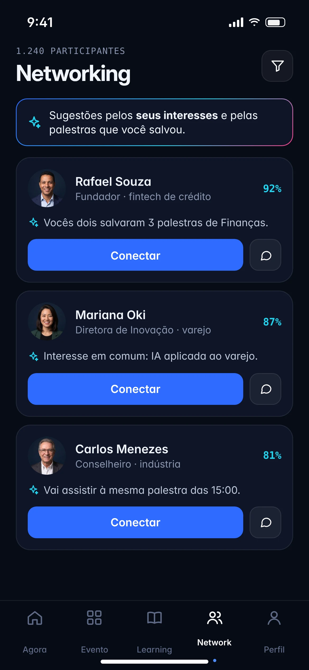 Networking com sugestões de participantes pela IA, a partir dos interesses e palestras salvas