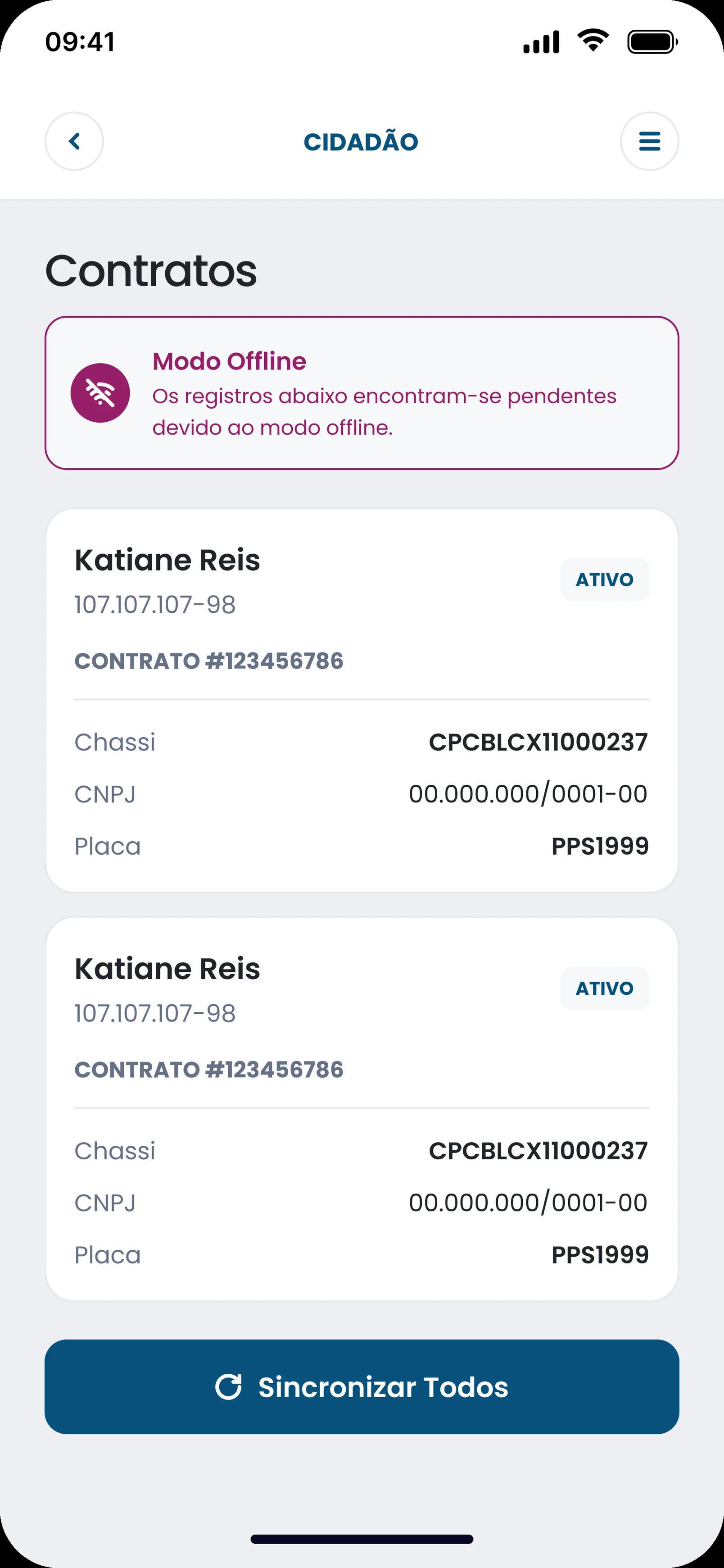 Contratos: lista de registros com chassi, CNPJ e placa e o aviso de modo offline