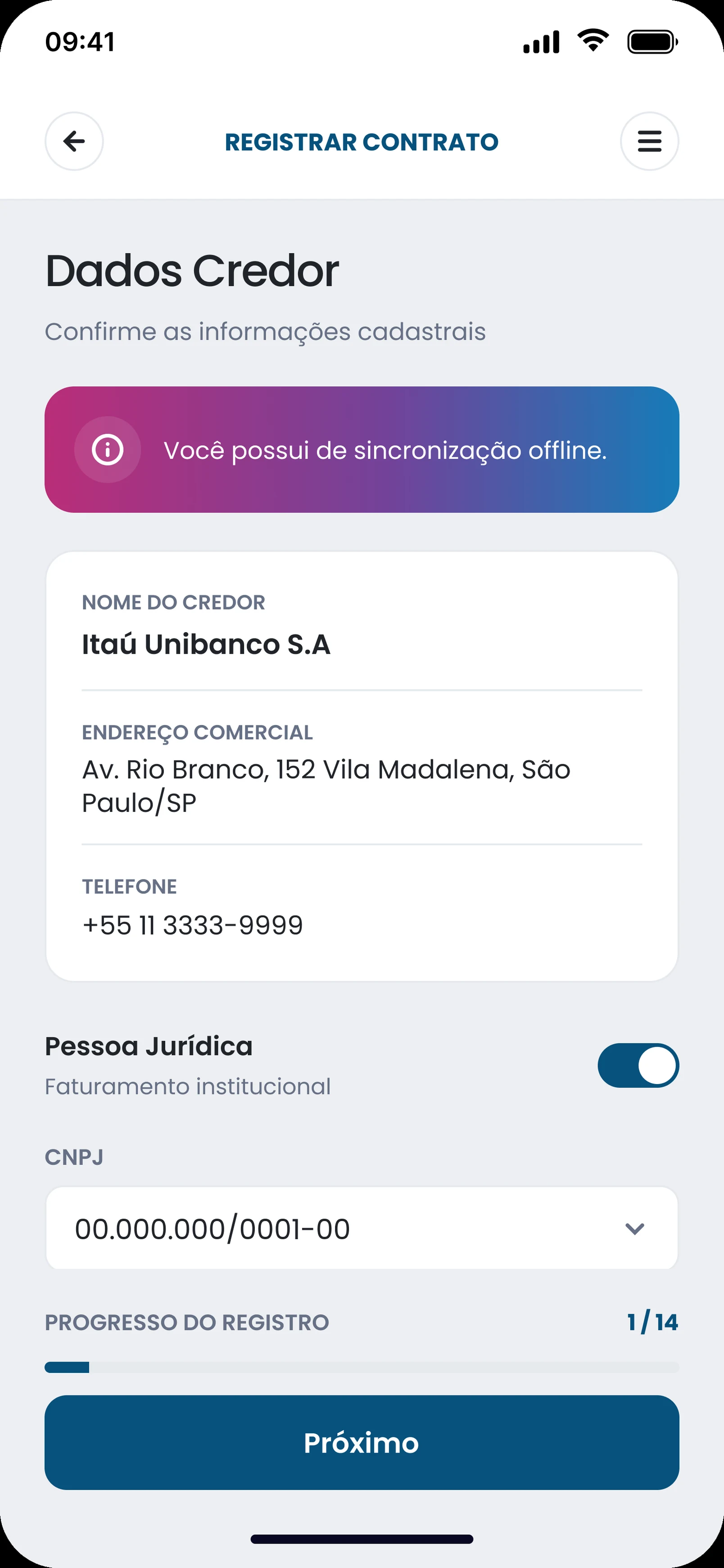 Registrar contrato: dados do credor, pessoa jurídica, CNPJ e progresso do registro