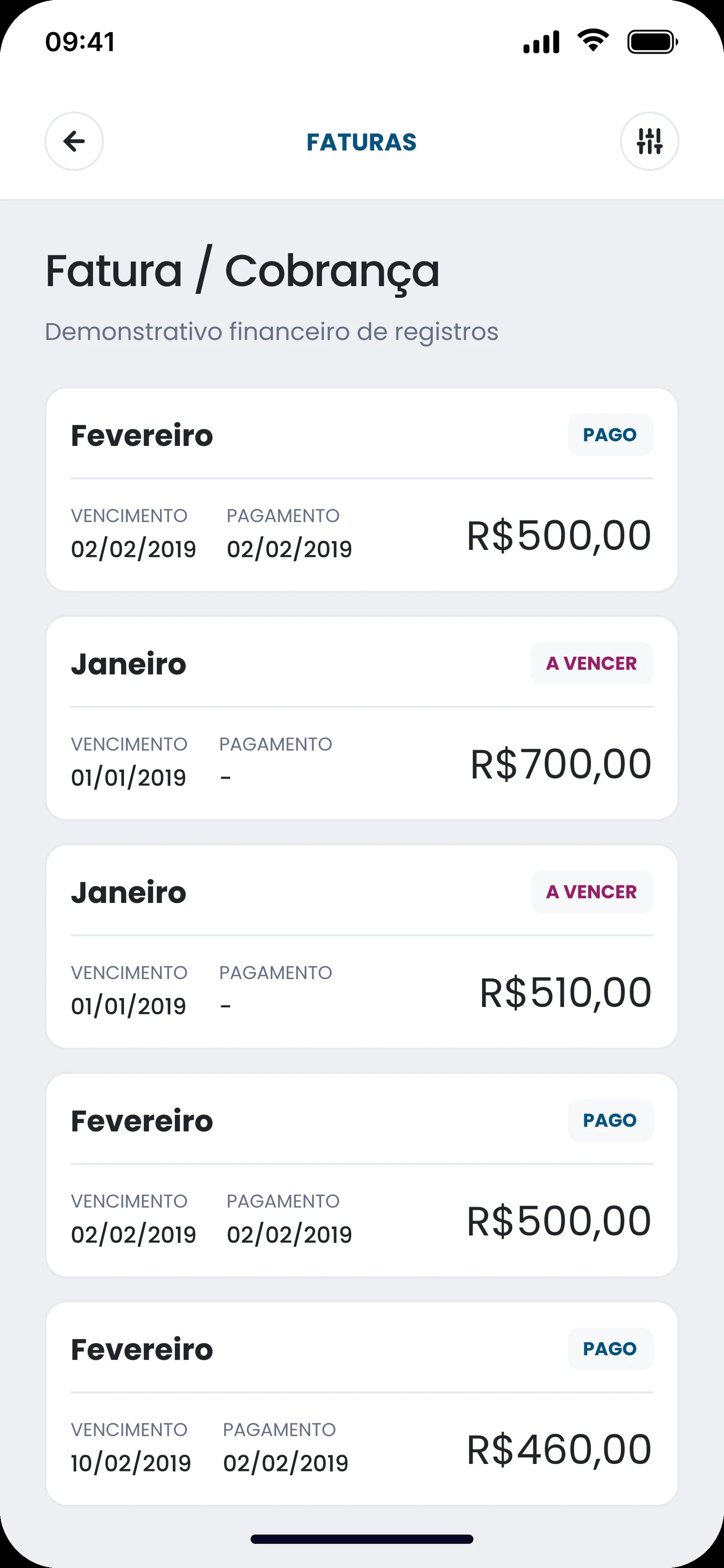 Fatura e cobrança: faturas mensais com vencimento, pagamento, valor e situação