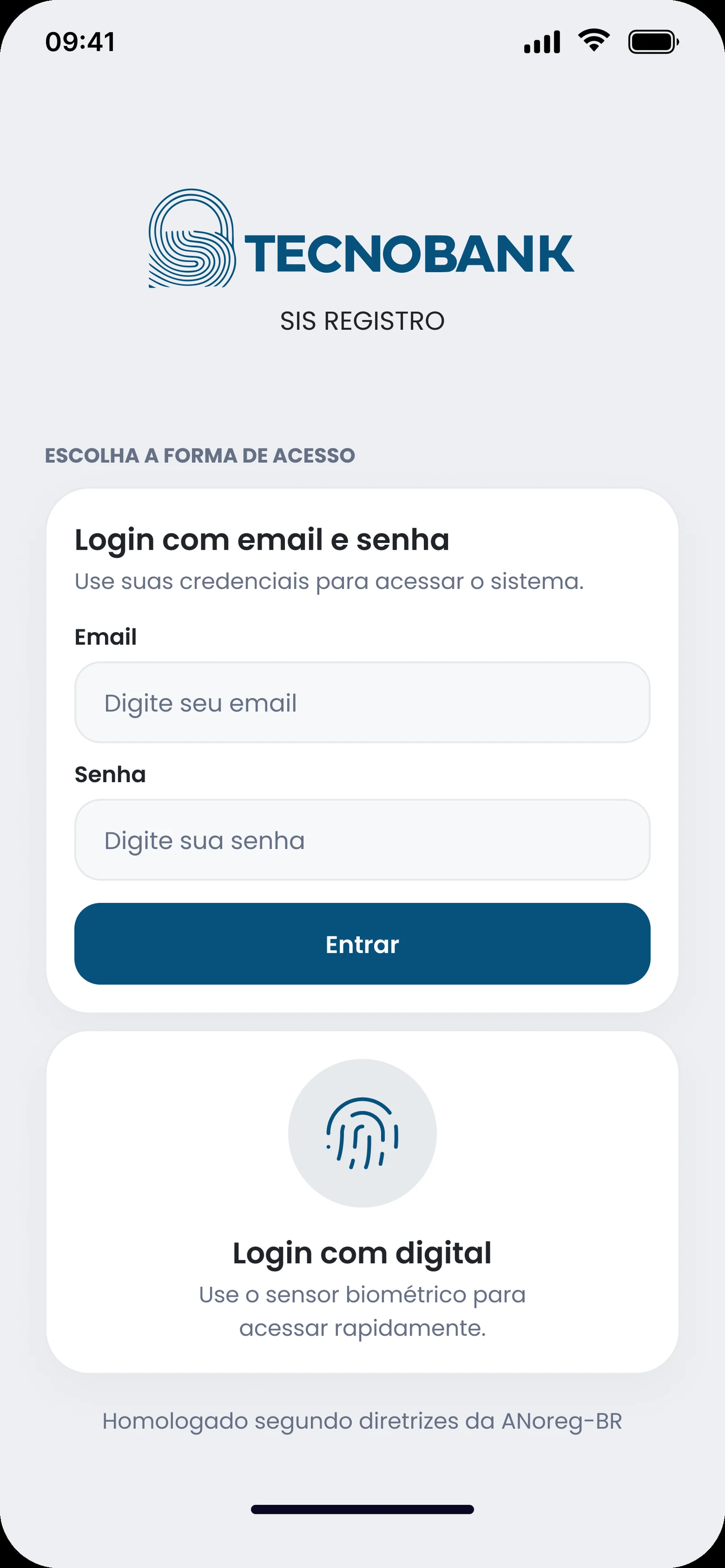 Acesso ao aplicativo: login com e-mail e senha ou login com digital