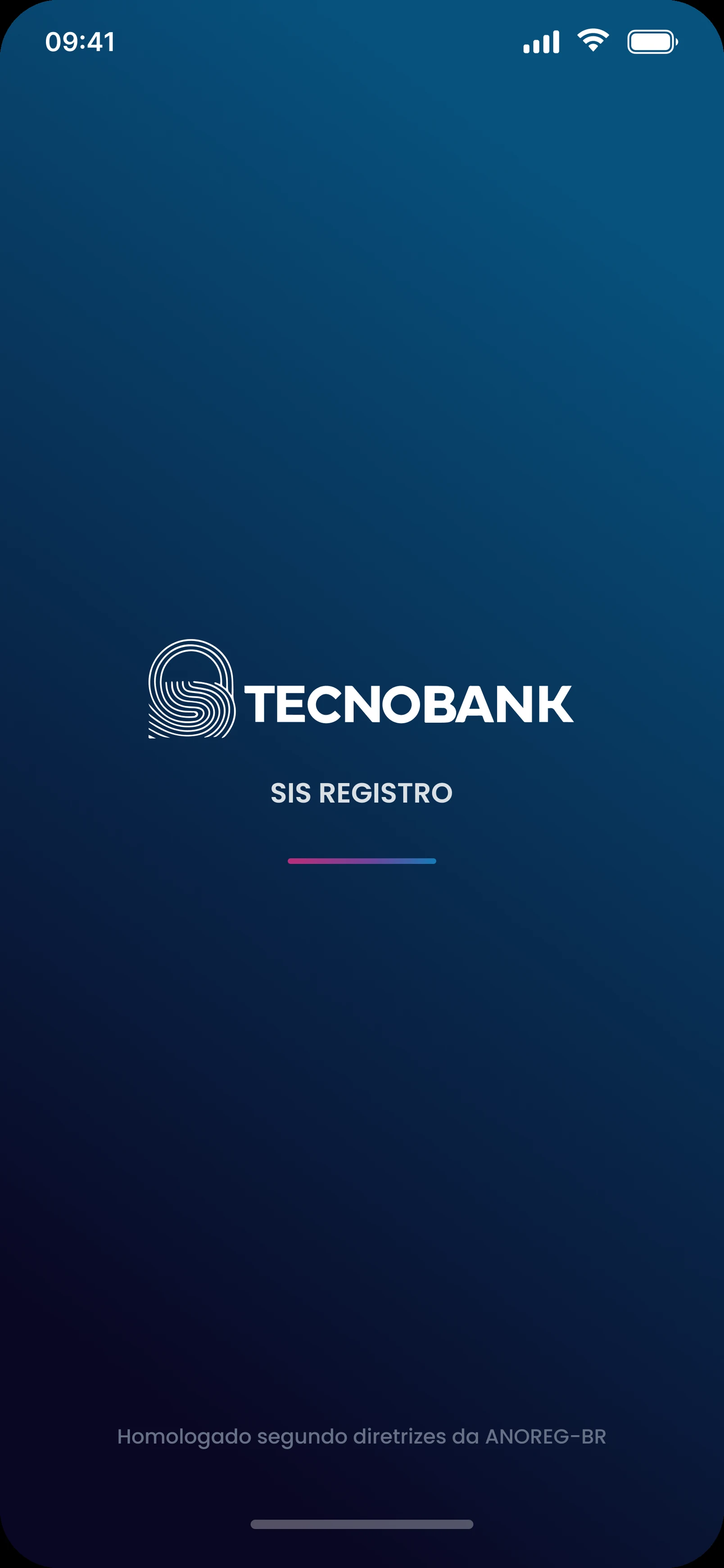Abertura do aplicativo Sis Registro: a marca Tecnobank em branco sobre fundo azul