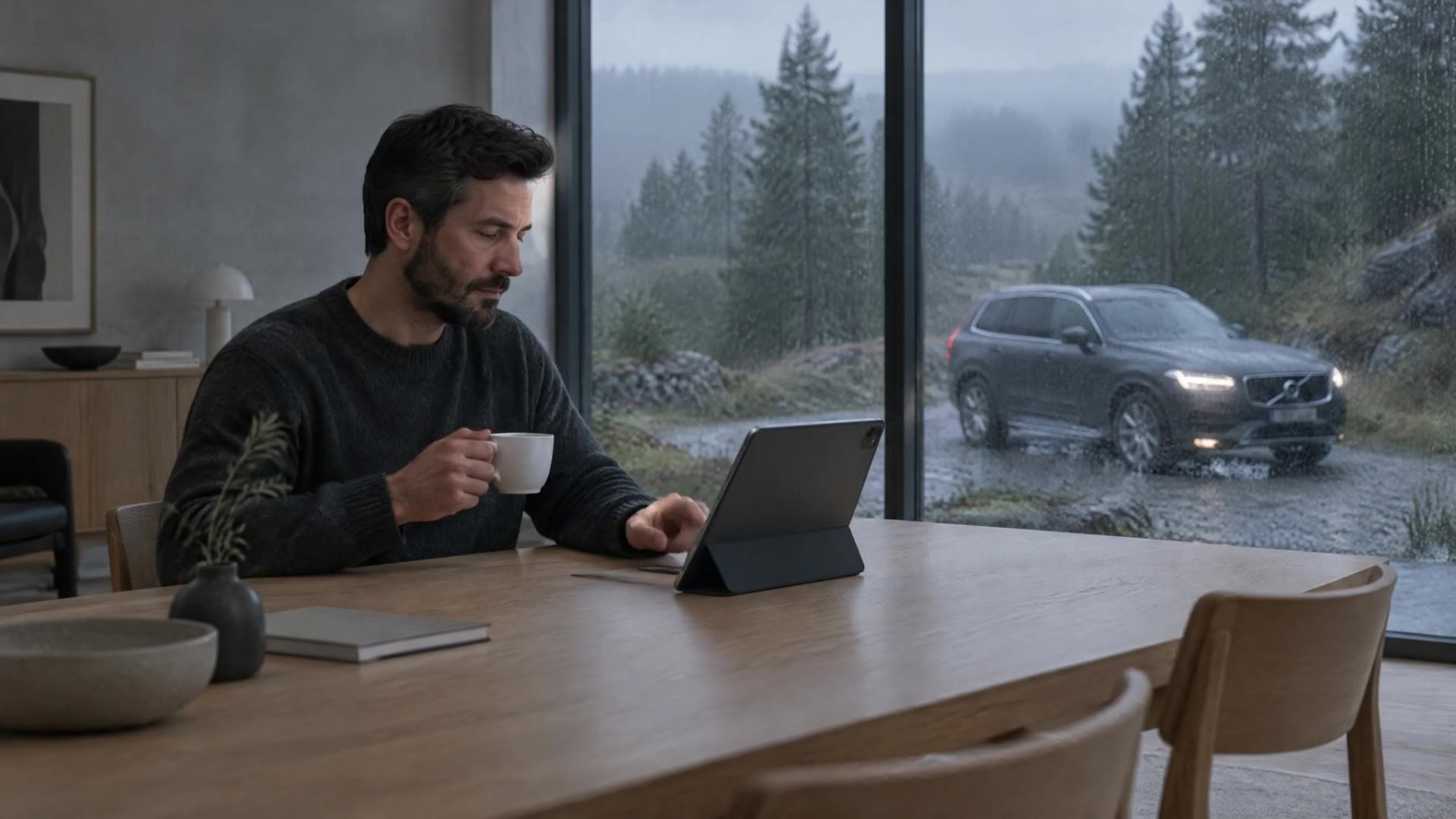 Em casa, numa manhã de chuva, um homem toma café diante do tablet apoiado na mesa; pela janela vê-se o carro estacionado entre pinheiros.