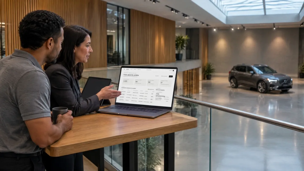 Duas pessoas da equipe conversam em um mezanino sobre o showroom; no notebook, a visão geral do backoffice.
