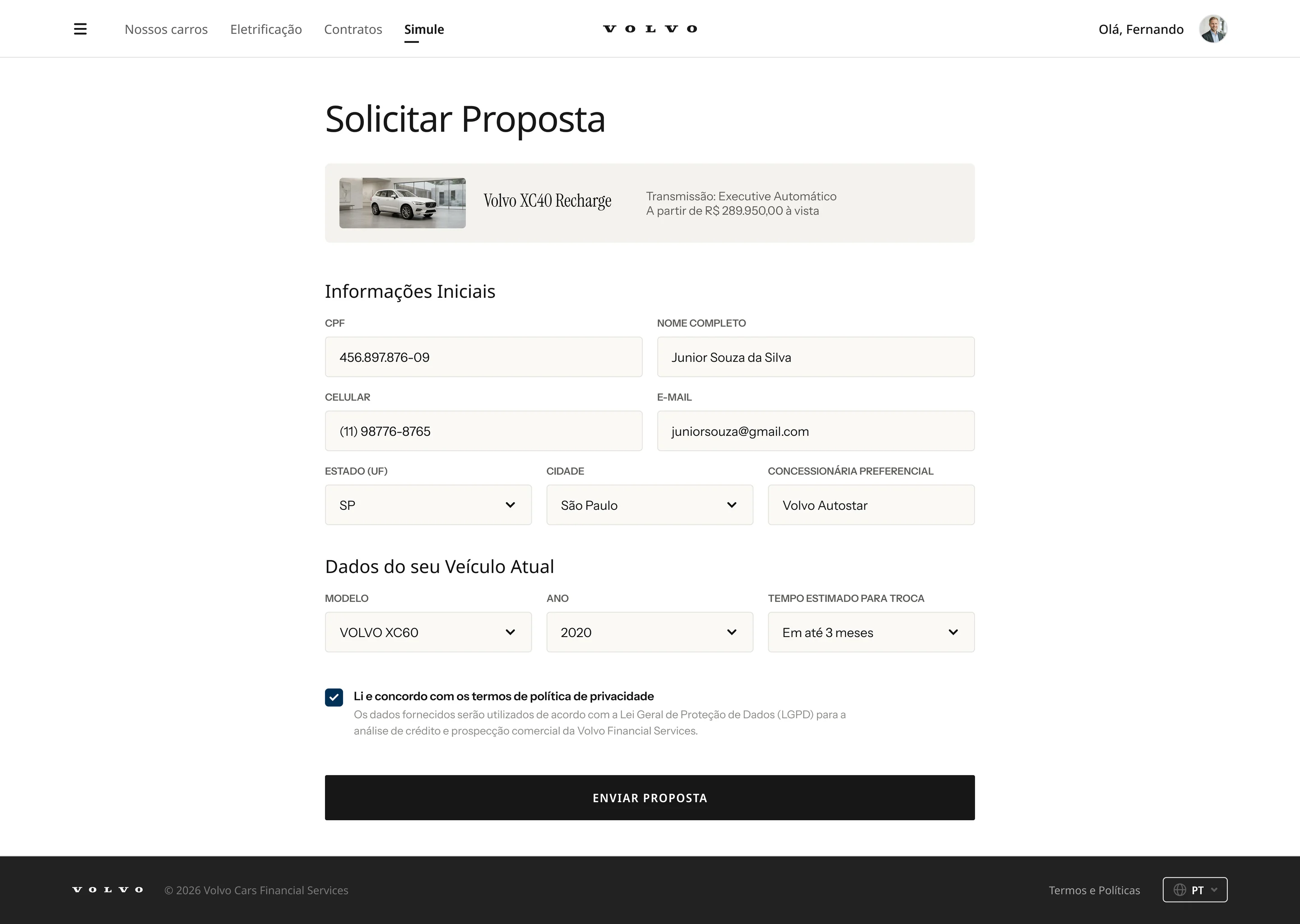 Solicitar Proposta: formulário com dados pessoais, contato, localização, concessionária preferencial, veículo atual e aceite da política de privacidade