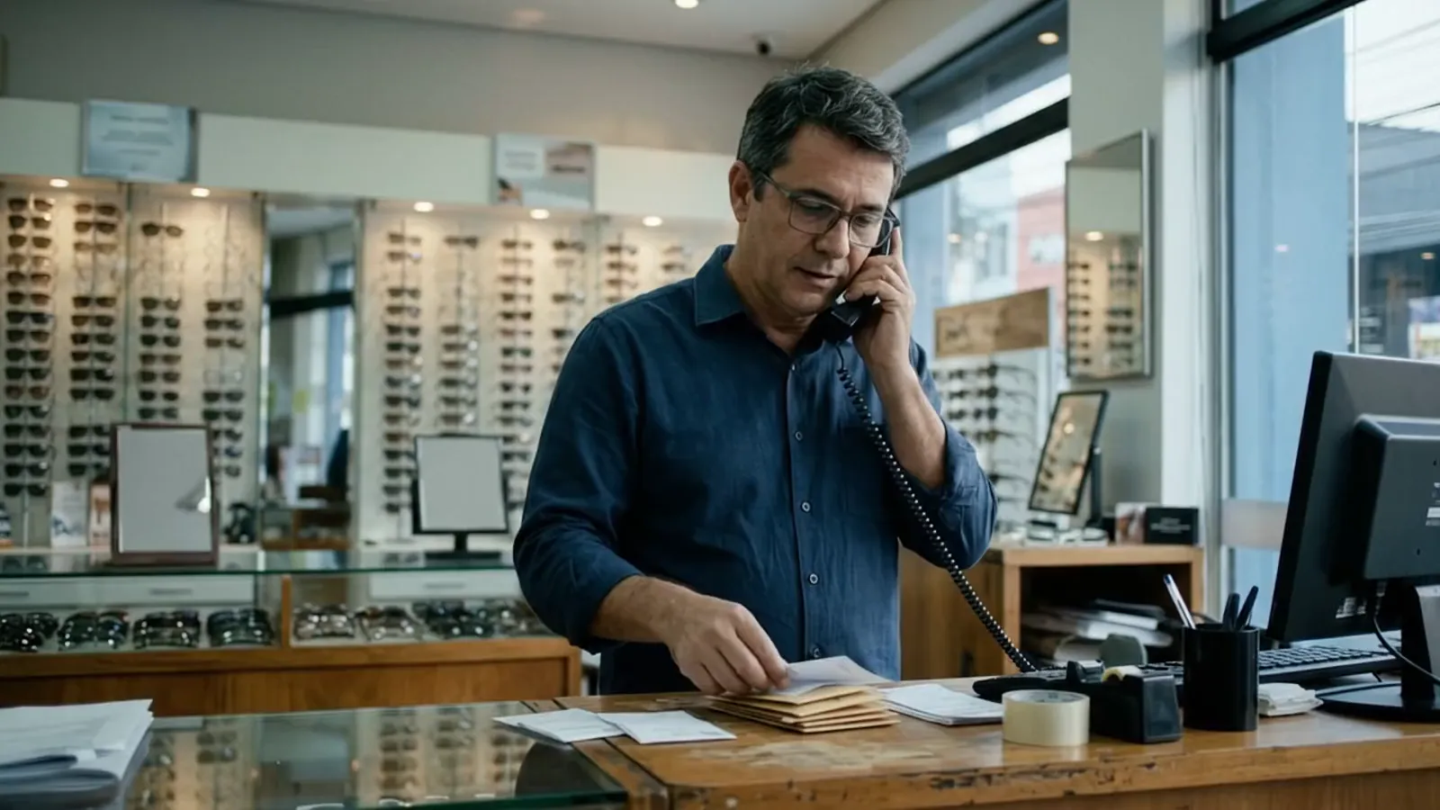 Numa ótica em São Paulo, o gerente fala ao telefone no balcão enquanto organiza envelopes de pedidos.