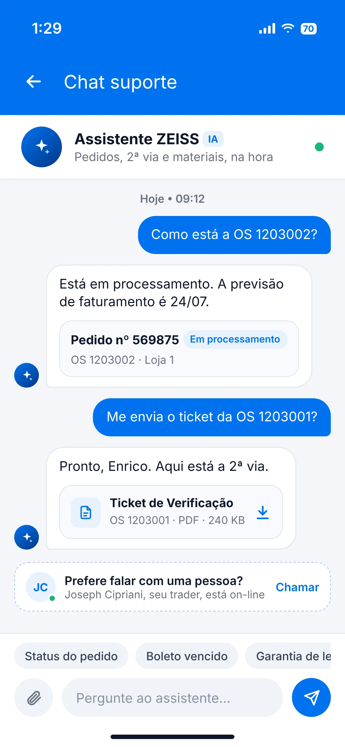 Chat de suporte com o Assistente ZEISS: status do pedido, 2ª via do ticket e opção de falar com o trader