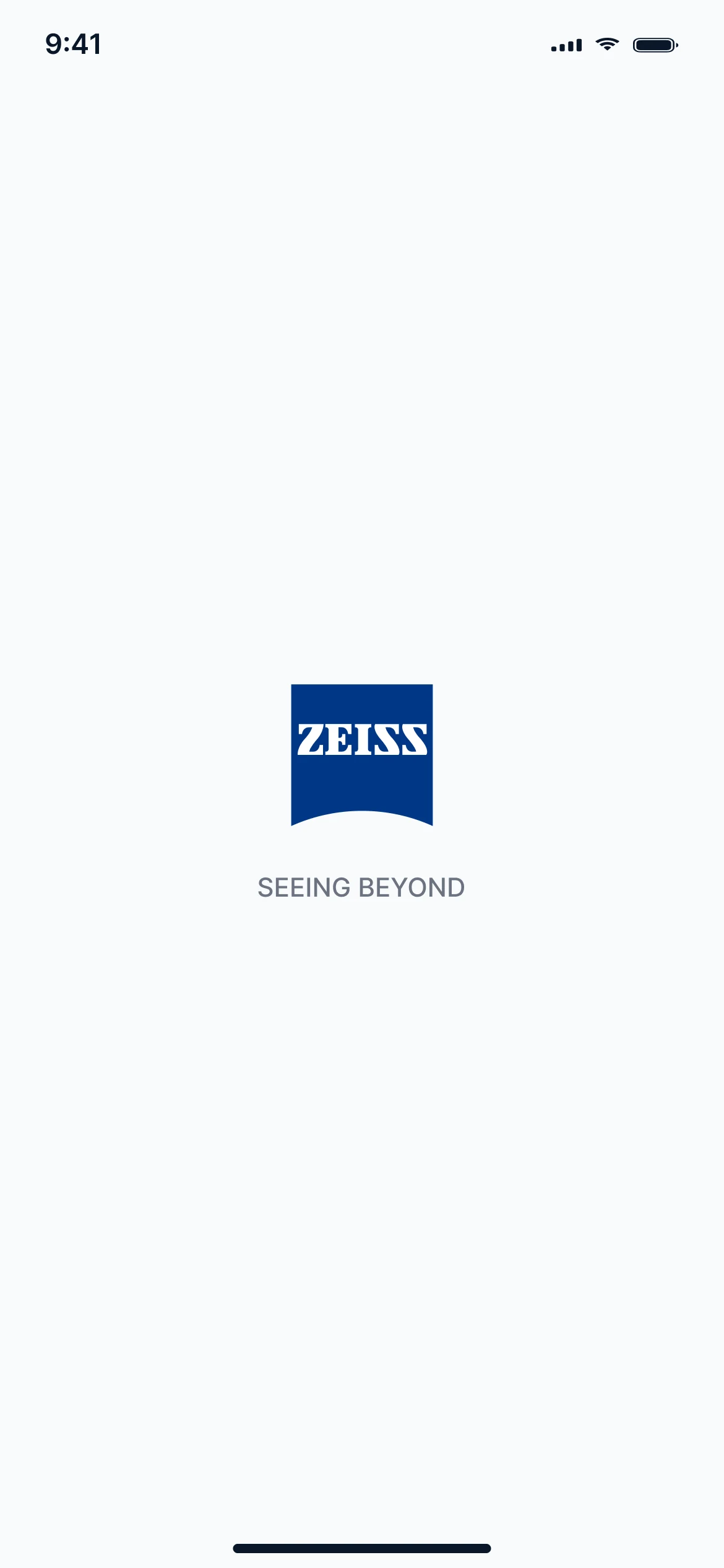 Abertura do aplicativo: a marca ZEISS sobre fundo claro