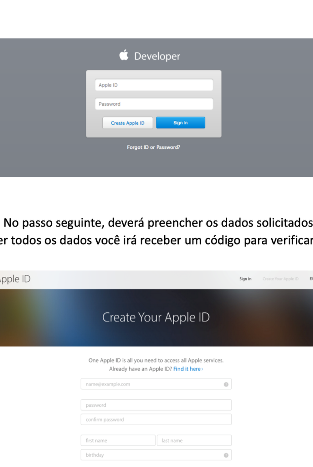 Fluxo de criação ou login da Apple Account