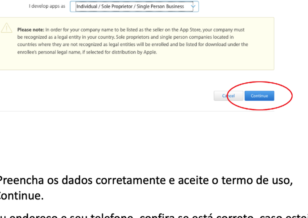 Seleção do tipo de entidade no Apple Developer Program