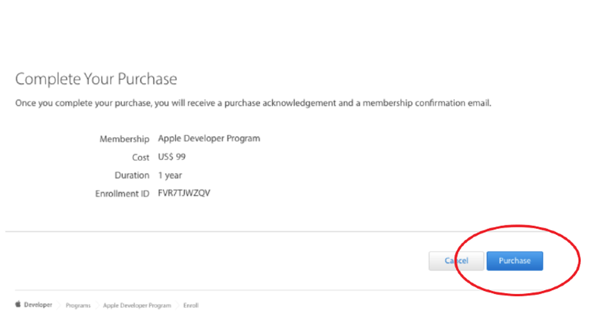 Pagamento da assinatura anual do Apple Developer Program