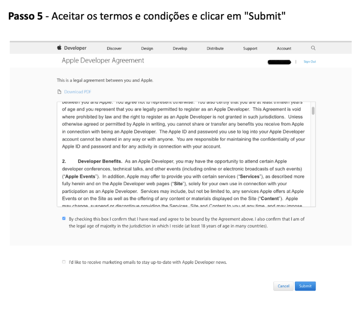 Tela de aceite de termos da Apple Developer