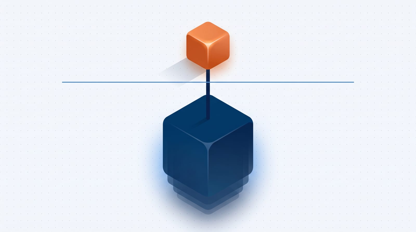 Ilustração isométrica de um bloco pequeno acima de uma linha d'água e um bloco muito maior submerso, ligados por uma haste, com o bloco menor destacado em laranja