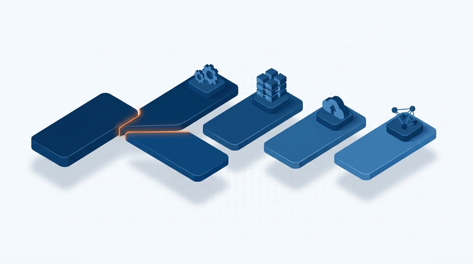 Ilustração isométrica de uma base de software única se dividindo progressivamente em várias versões paralelas, cada uma com uma peça diferente encaixada