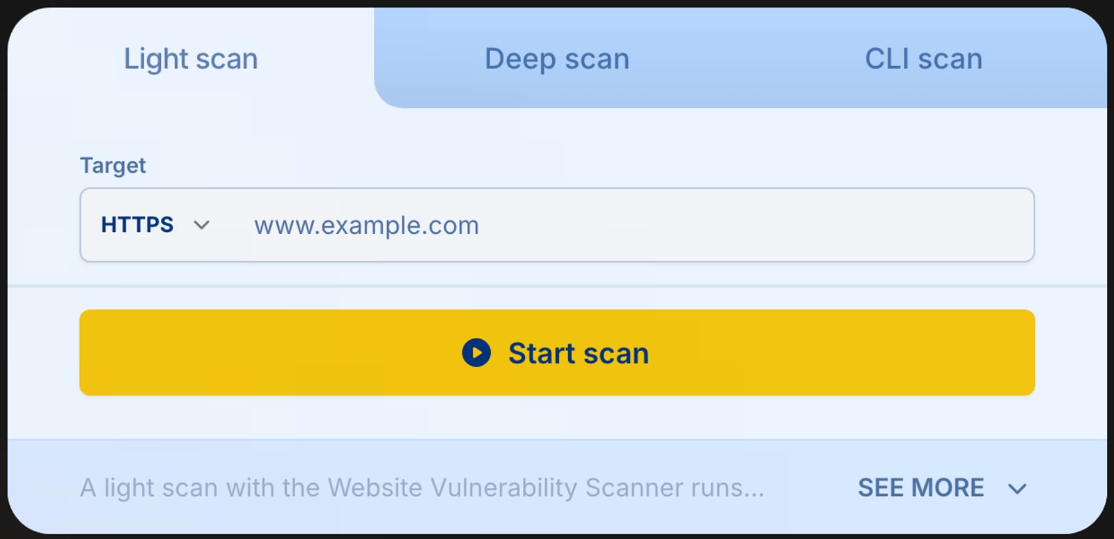 Formulário do scanner de sites da Pentest-Tools.com, com as abas de varredura leve, profunda e por linha de comando, o campo do endereço e o botão de iniciar