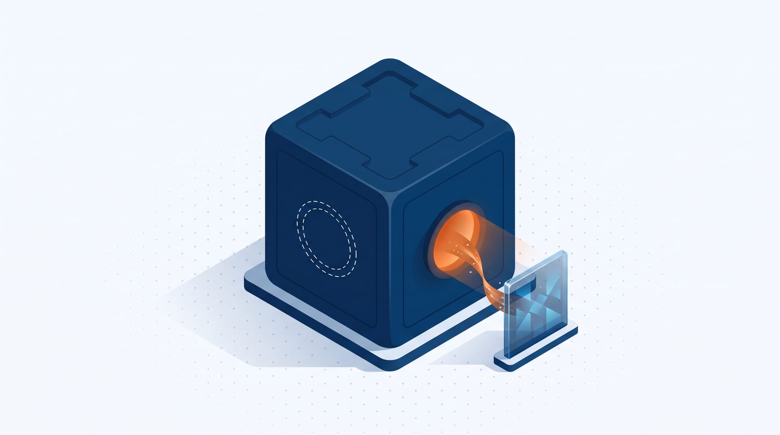 Ilustração isométrica de um cofre de banco de dados com uma porta lateral tracejada e uma porta principal iluminada em azul, ligada a um conector de API