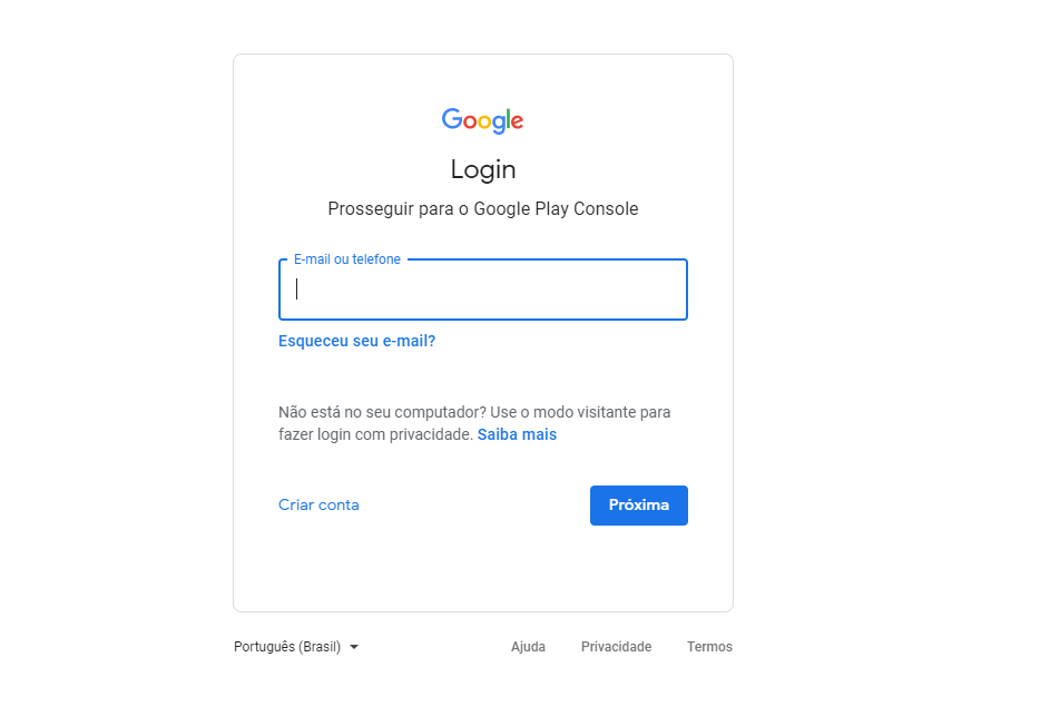 Tela de login do Google Play Console