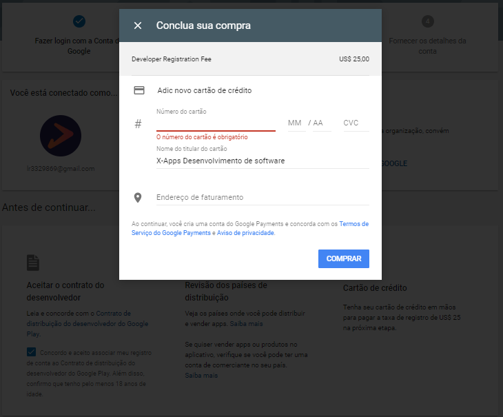 Pagamento da taxa de inscrição do Google Play Console