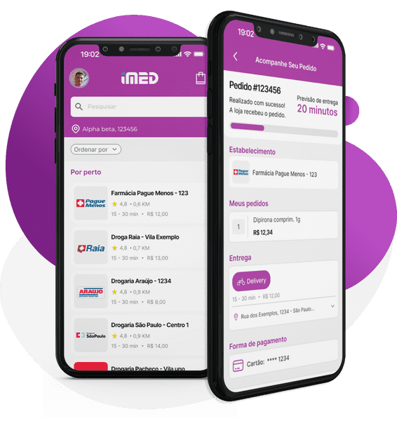 Dois smartphones exibindo a tela principal e de status de pedido do aplicativo Imed Delivery