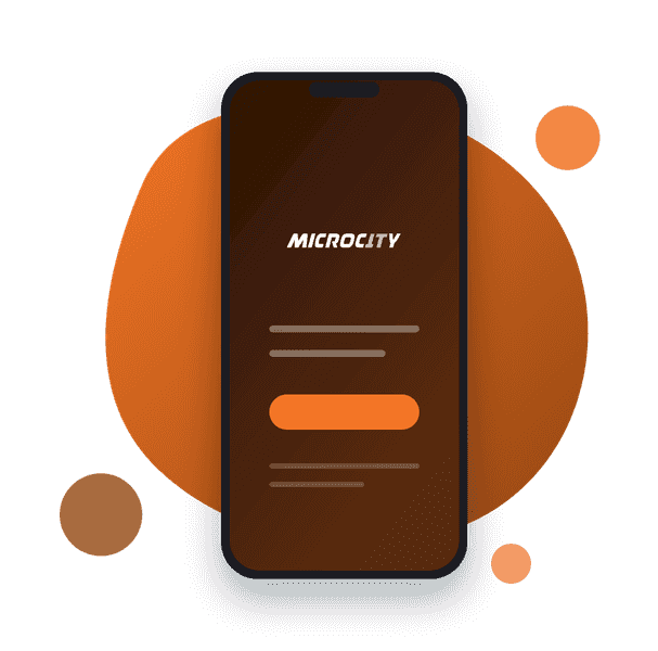 Celular com a marca Microcity na tela do aplicativo